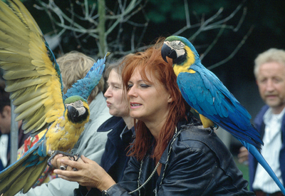 824568 Afbeelding van een vrouw met twee papegaaien tijdens de manifestatie Kleurrijk Utrecht op het Lepelenburg te Utrecht.